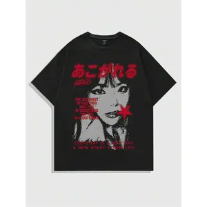 ROMWE MEN Anime Spring/Summer Casual Graphic Men Short Sleeved Y2K T-Shirt With Slogan/Character Print For Summer, School, Emo, 2000S Style