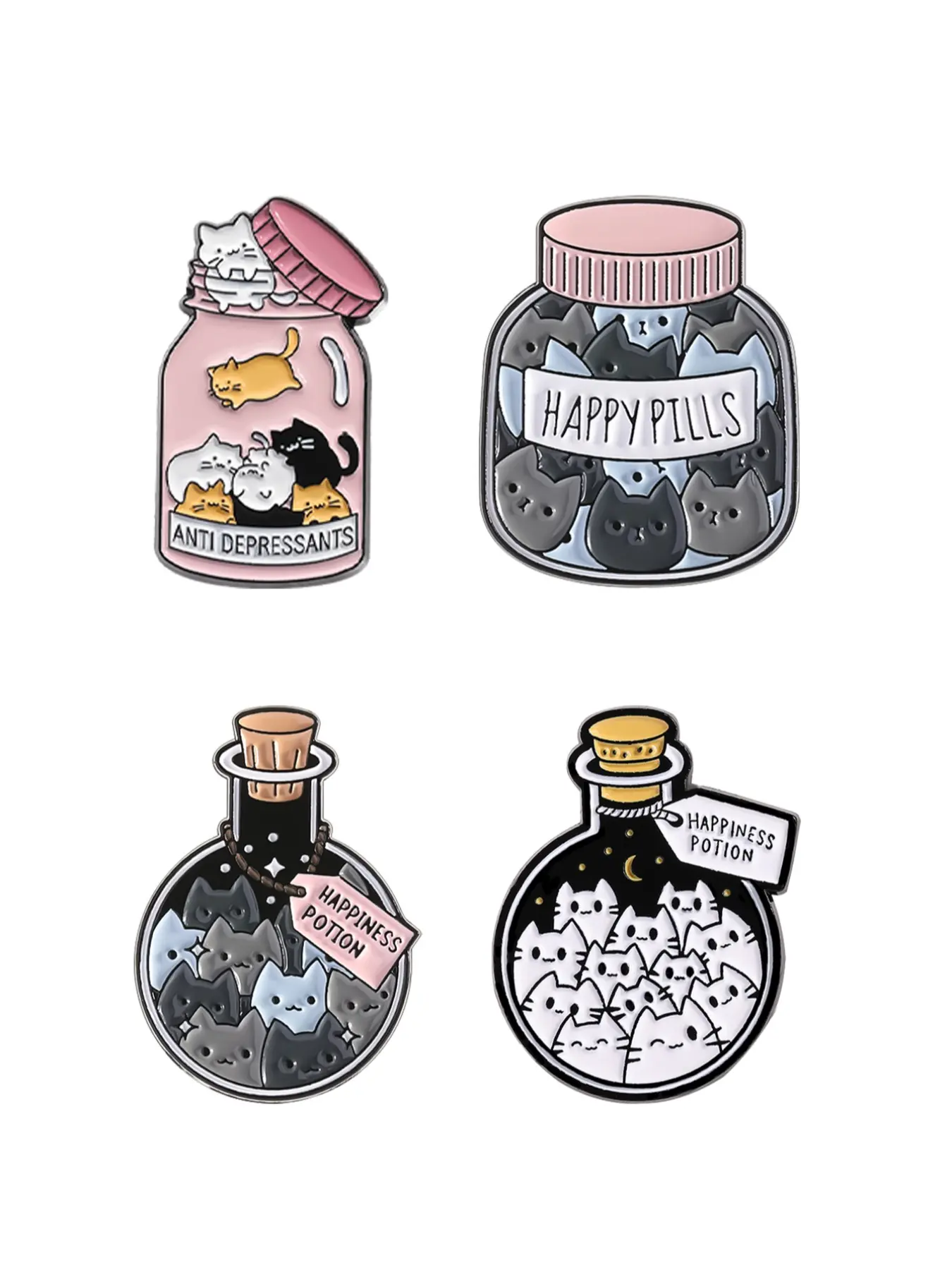 4 Pack Cat Wish Bottle Pins, Alloy Brooch Pin, Lapel Pin, Charm, Clip, Cute Accessories, Healing Pill Design, Anti-Depressants Happy Pills, Mental Health Tools, Stress Relief for Cat Lovers