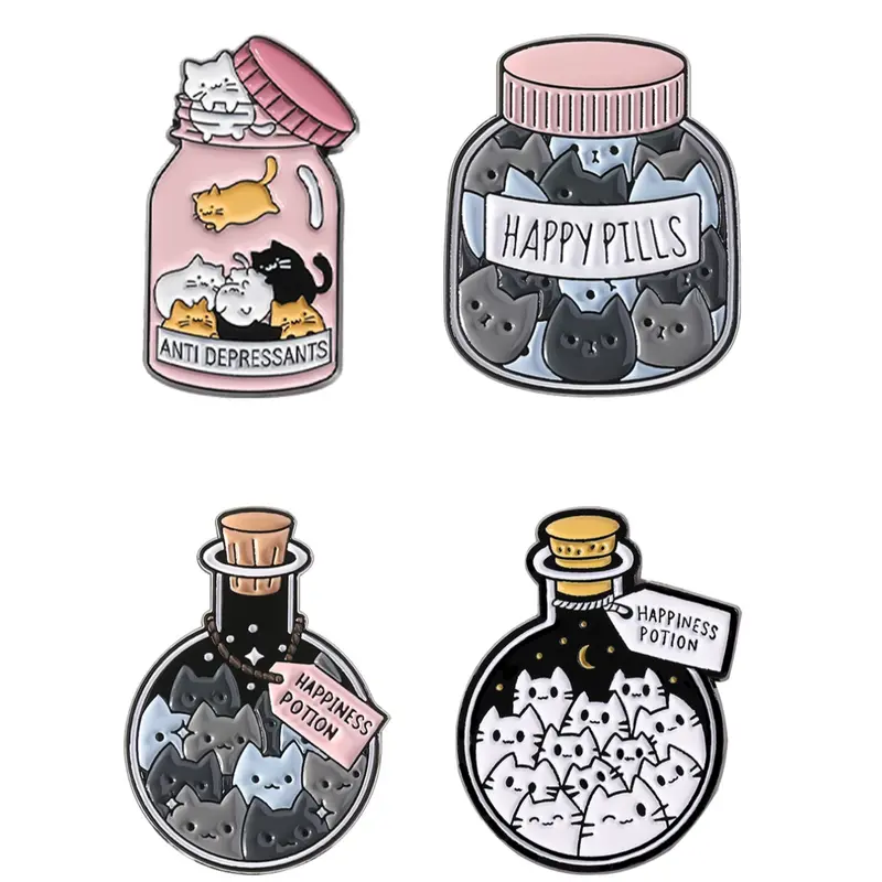 4 Pack Cat Wish Bottle Pins, Alloy Brooch Pin, Lapel Pin, Charm, Clip, Cute Accessories, Healing Pill Design, Anti-Depressants Happy Pills, Mental Health Tools, Stress Relief for Cat Lovers