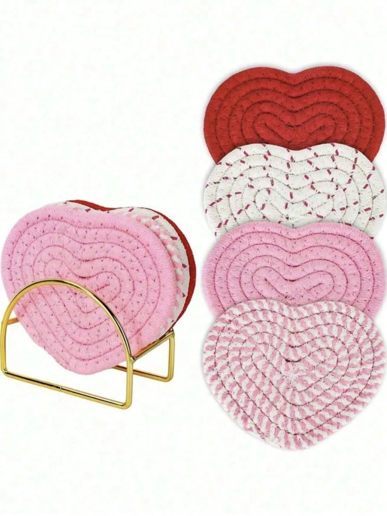 4pcs Valentine's Day Heart Shaped Coasters Handmade Woven Heart Shaped Coasters Pink Red Coasters Non-Slip Absorbent Beverage Mats Suitable For Home Restaurant Tea Cafe Bar Decoration (Without Shelf) Reusable placemats