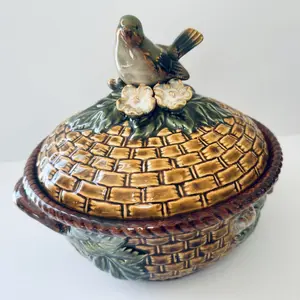 Ceramic floral motifs casserole dish _ weaved style w. perched bird on lid