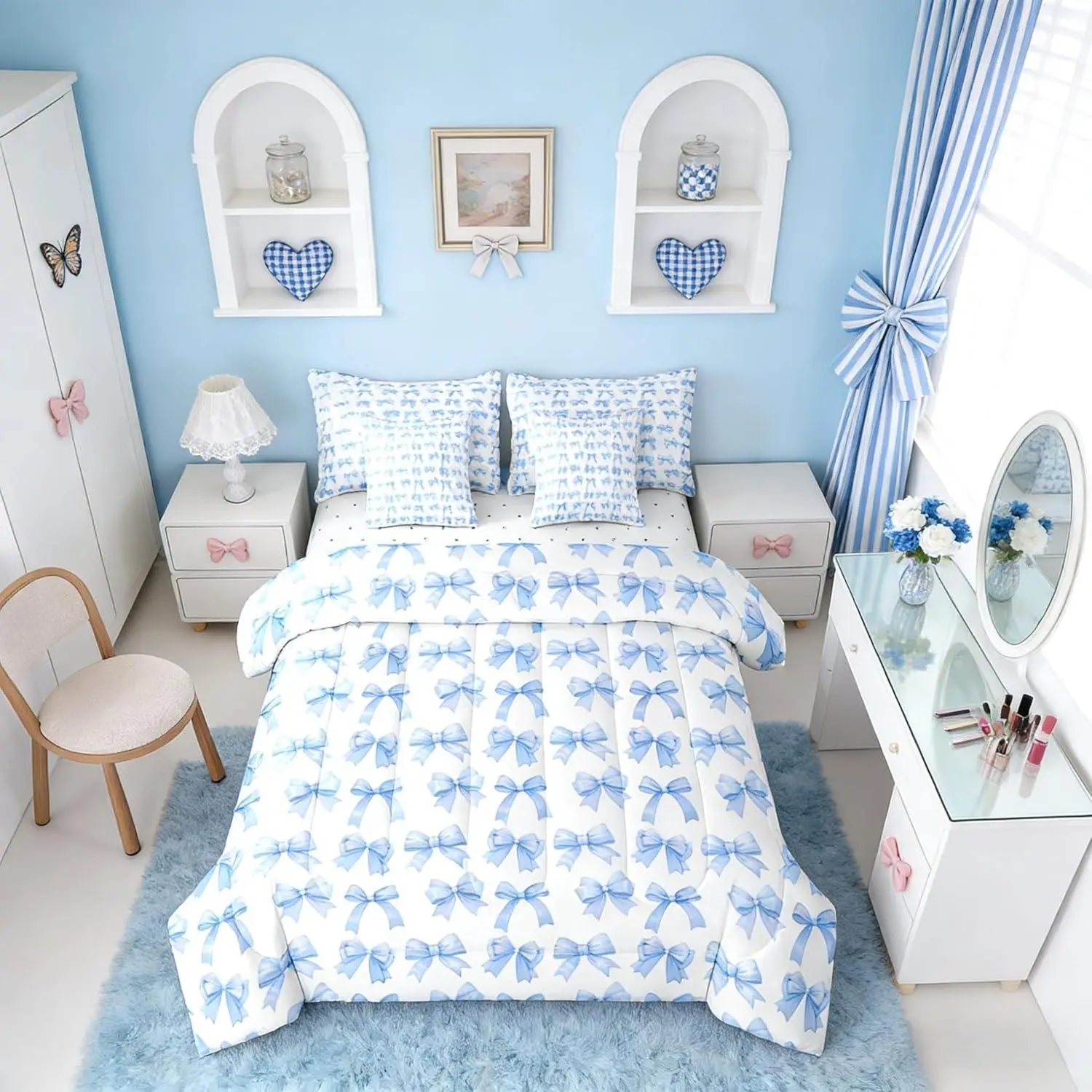 Blue Bowknot Girly 7 Piece Bedding Set,| Bow Kids Kawaii Comforter Set with Sheets Ribbon Dreamy Bed in A Bag Coquette Bed Sets