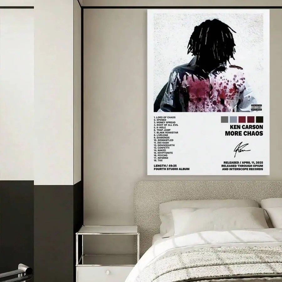 Ken Carson More Chaos Album Cover Canvas Poster - Opium Rapper Tracklist Print, Edgy Art Deco Style Wall Art, Home Inspo Decor for Music Lovers, Wardrobe & Balcony Accent Gift