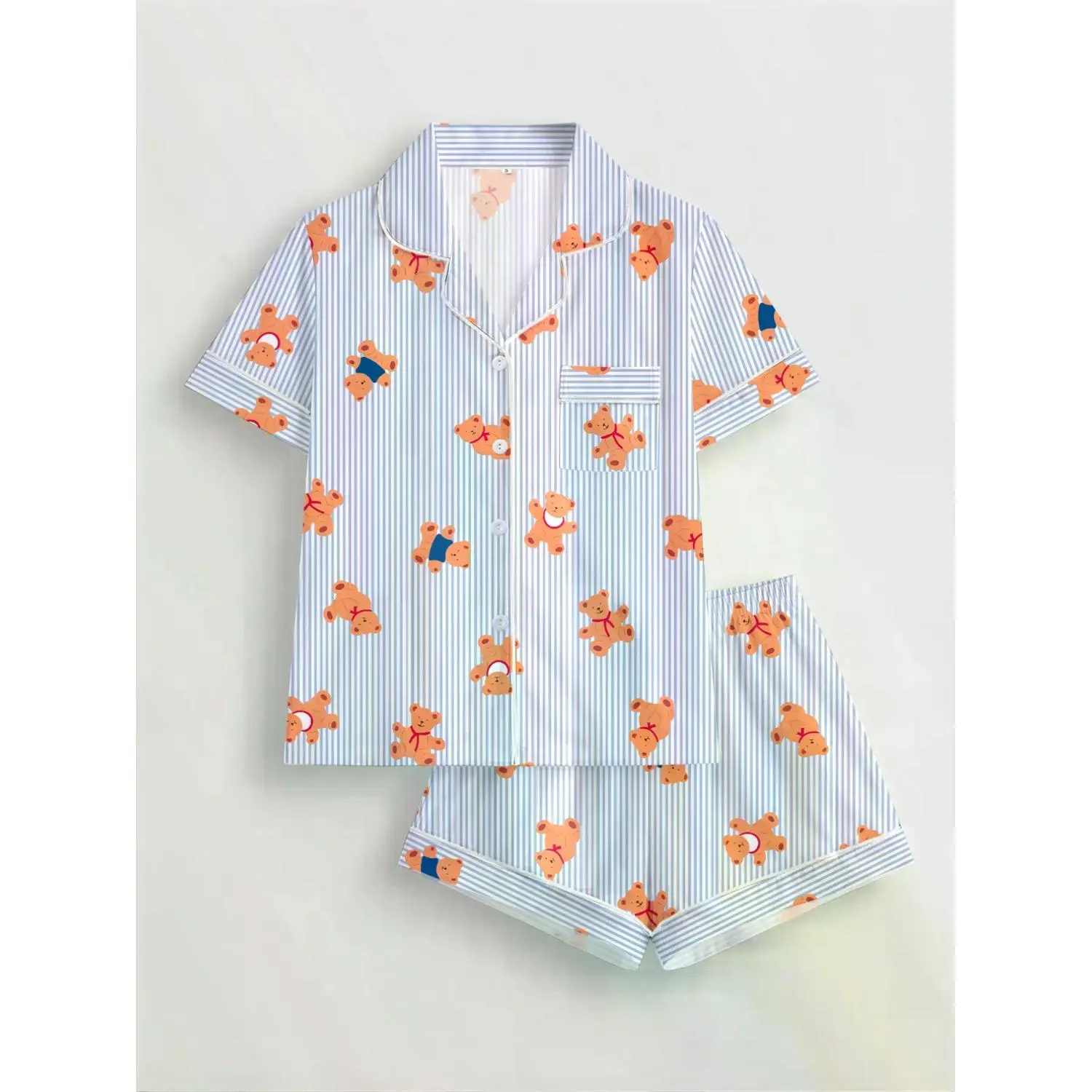 Adorable Bear Print Sleepwear Set for Women, Short Sleeve Button-Up Top & Elastic Waist Shorts, Cozy All-Season Loungewear Pajamas, Pastel Ladies Pj Set, Comfortable Homewear