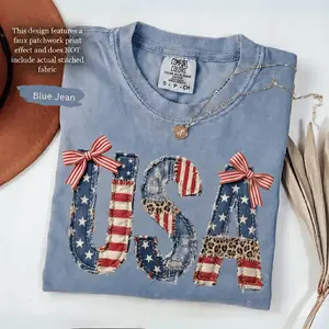 (Faux Patchwork-Print) Usa American Flag Shirt Faux Patchwork 4th Of July Shirt Digital Print Tee Inde Minimalist Cotton