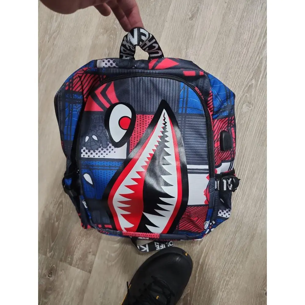 Kids' Shark Design Backpack with Vibrant Plaid Pattern and Secure Closure System for Daily