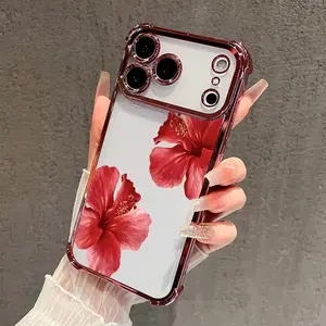 Hibiscus Blooms Pattern Four Corner Anti-Fall Phone Case Transparent Electroplated Protective Cover,phone Case Suitable for Iphone 11/12/13/14/15/16/17 Pro Promax Plus Air and Samsung S22/S23/S24/S25 Plus Ultra Fe, Accessories, Smartphone