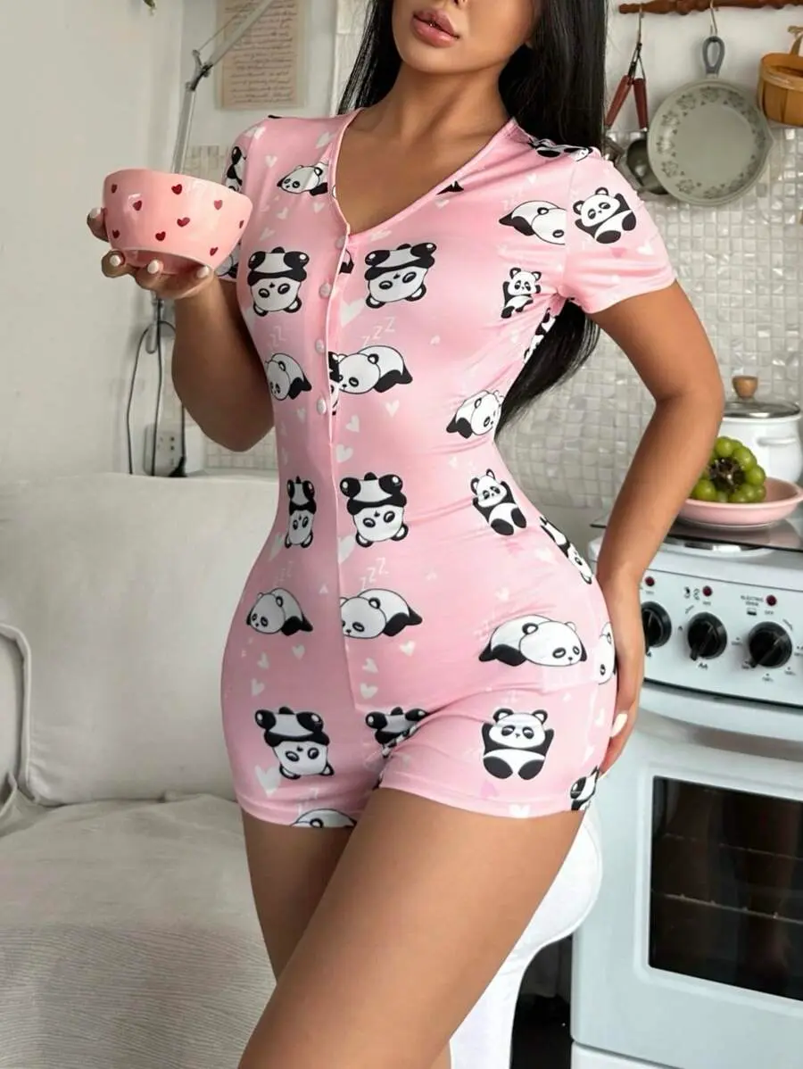Women Cute Pink Panda Heart Print Romper | Short Sleeve V Neck Button Onesie | Cozy Sleepwear