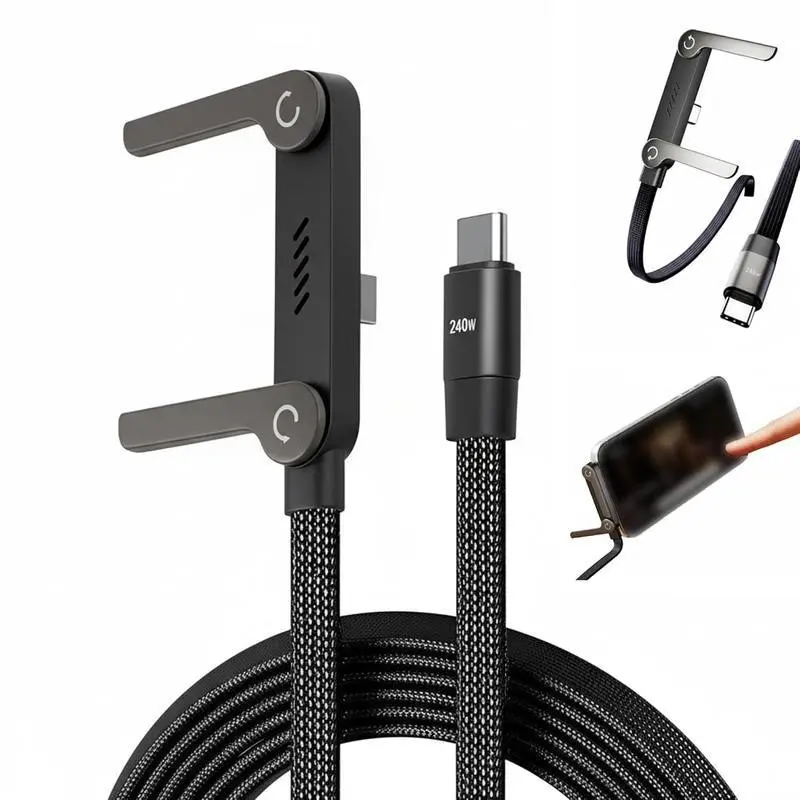 Invisible Holder Charger Cable with Stand, 240w super fast charging 2-in-1 Fast Charging Cord & Phone Stand for Gaming, Office, Car Travel, Compatible with Type-C charging cable Charging Accessory Black Multifunctional Portable Adapter