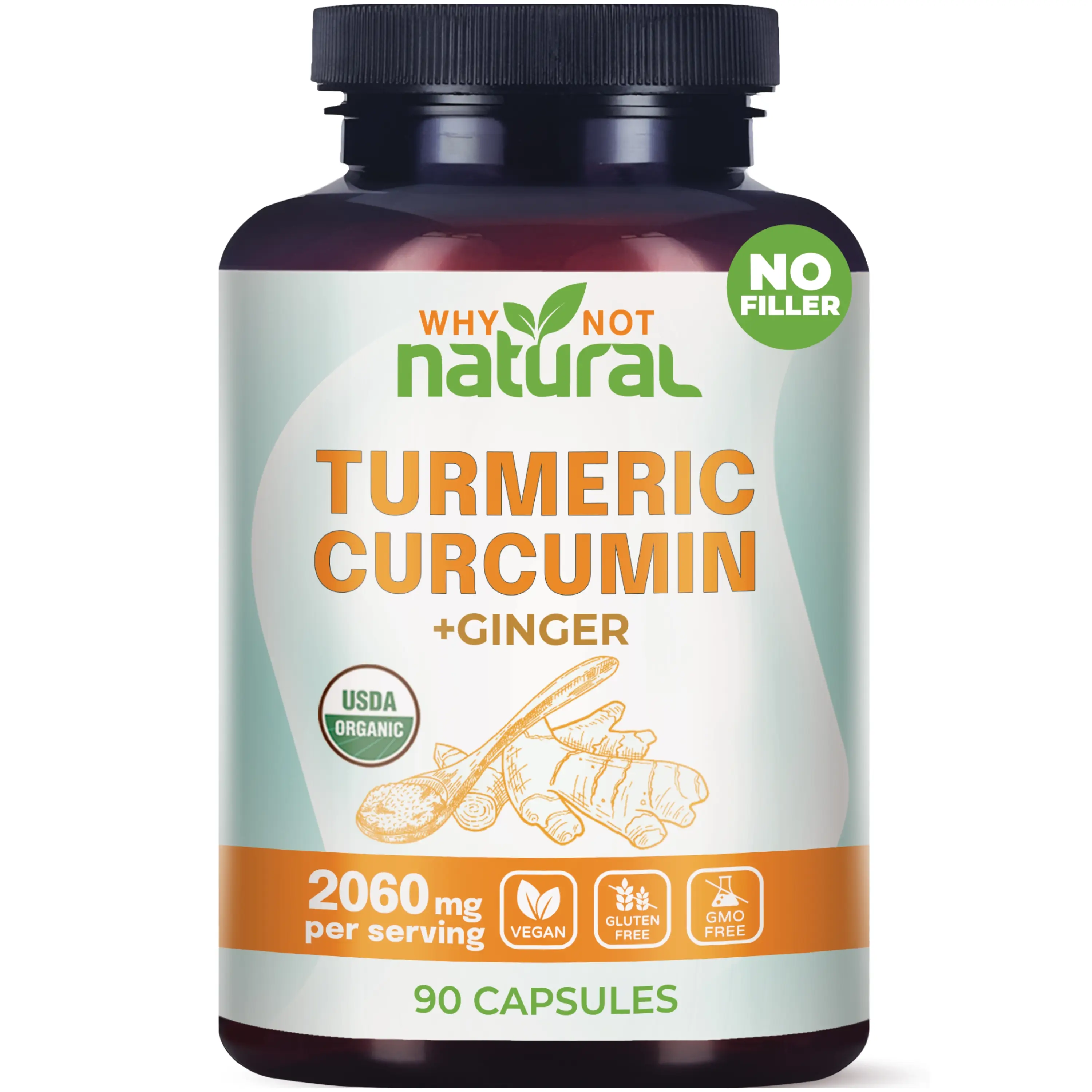 Organic Turmeric Curcumin Supplement in Capsules with Ginger and Black Pepper -...
