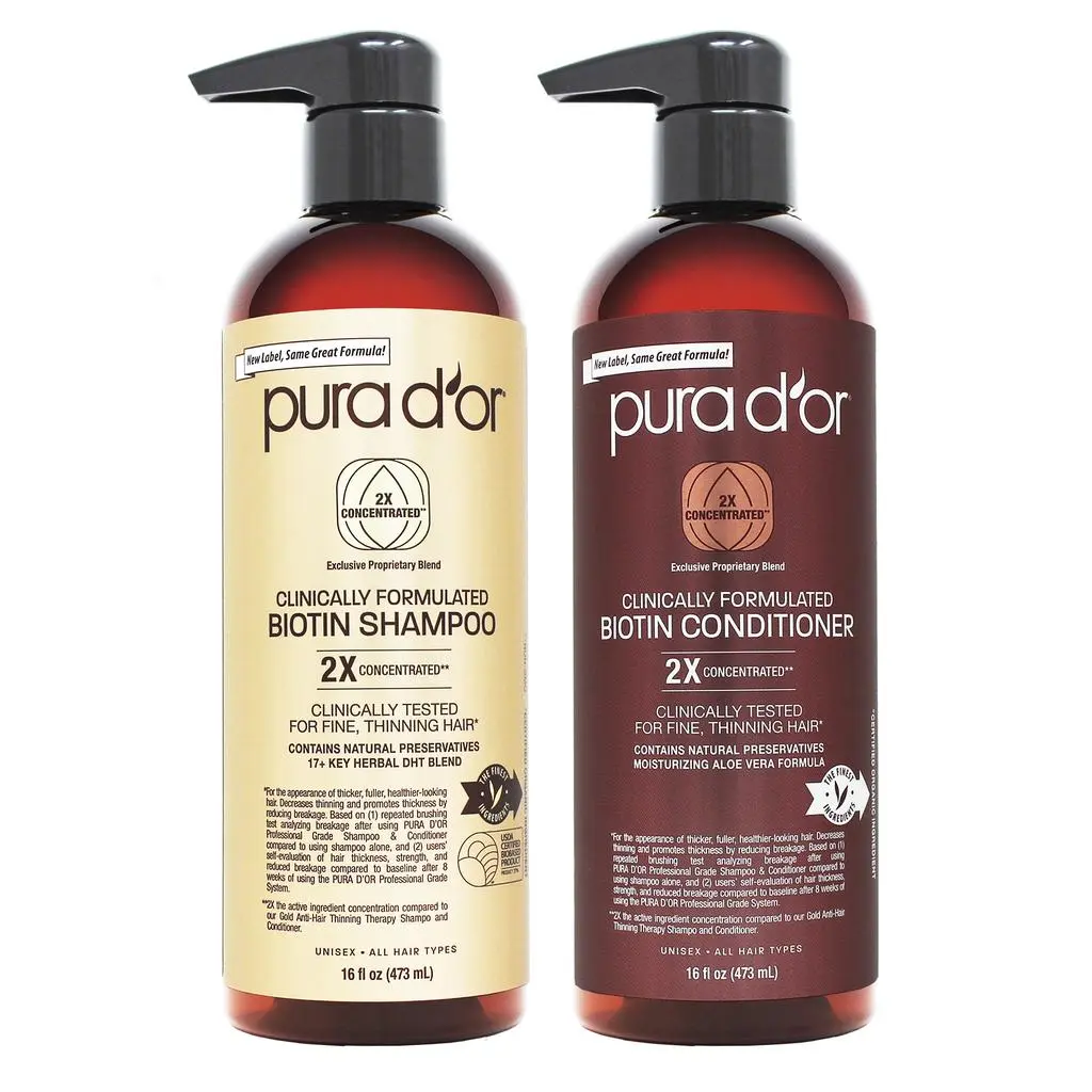 PURA D'OR Clinically Formulated Biotin Shampoo & Conditioner Setx2 16oz(473ml) – Fuller Thicker Hair with Biotin, Aloe Vera, Argan Oil, Saw Palmetto & Red Korean Seaweed