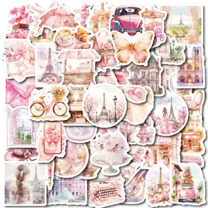 50pcs Girls' Pink Paris Waterproof Series Stickers, Waterproof Decals, Suitable for Faith-based Designs Such As Scrapbooks, Diaries, Laptops, Water Bottles, Cars, Etc., with Positive Messages As Gifts