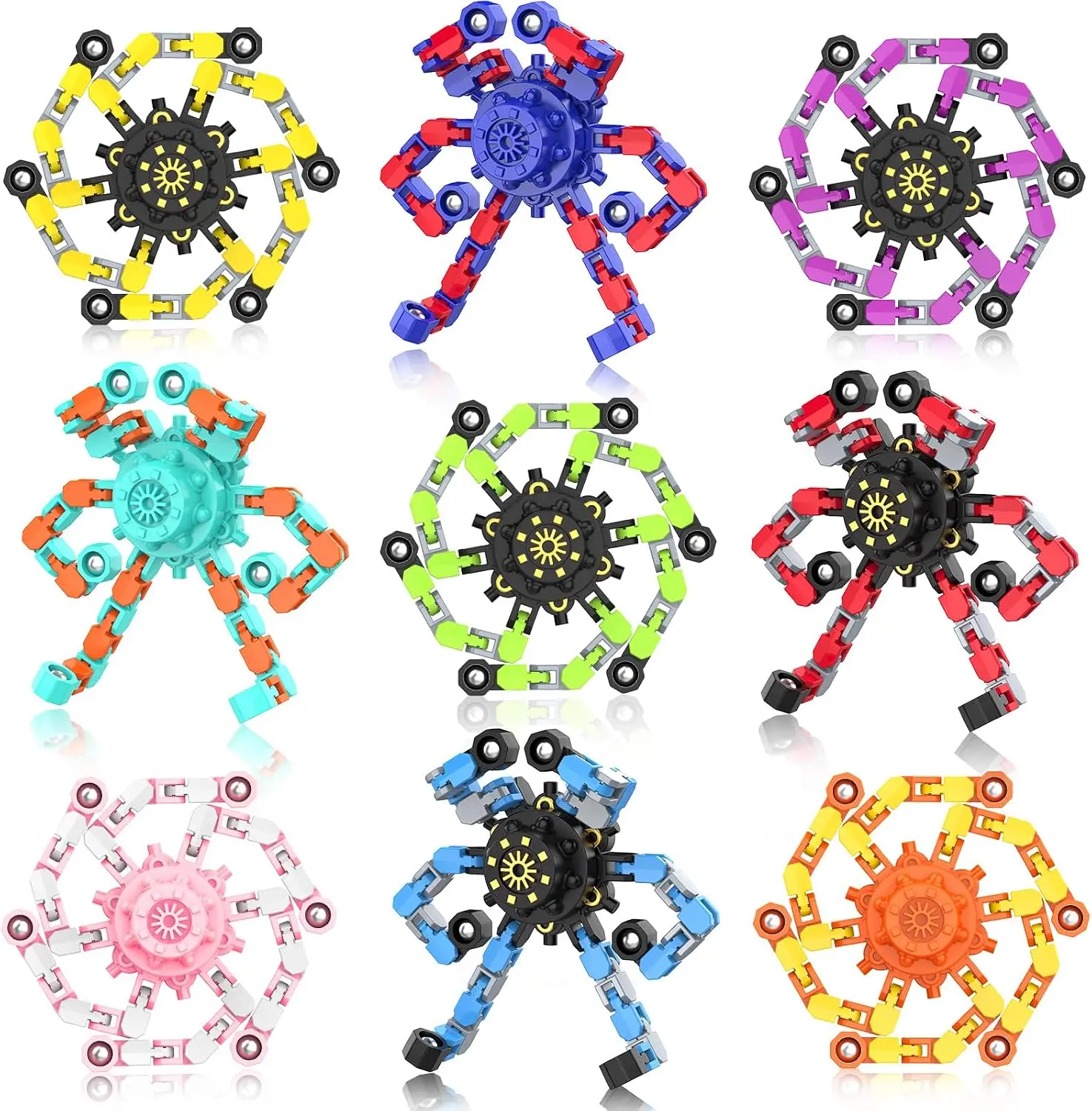 Summer Spring Gift 9PCS Transformable Fidget Spinners, Funny Sensory Fidget Toys Deformable Chain DIY Robot Spinner,Fingertip Stress Relief Gyro Toy Kids Easter Basket Stuffers Party Favors Graduation Gifts