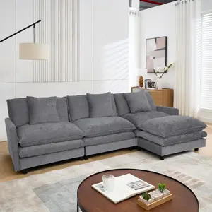 Modern Grey L-Shaped Sectional Sofa 108" Couch for Living Room with Movable Ottomans & 3 Pillows Plush Comfort for Family Gatherings