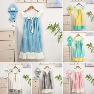 2 Pcs Macaron Color Sling Bath Skirt Set with Hair Drying Cap , Soft Coral Fleece, Quick-Drying Absorbent, Fit Home/Travel/Swimming/Spas