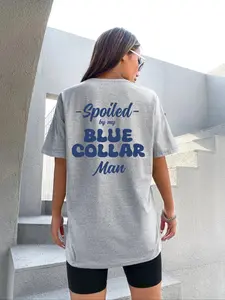 Women's Letter Print Round Neck Crewneck Graphic Tee, Vintage Trendy Casual Drop Shoulder Half Sleeve T-shirt, Top for Daily Wear, Ladies All Seasons Outfit