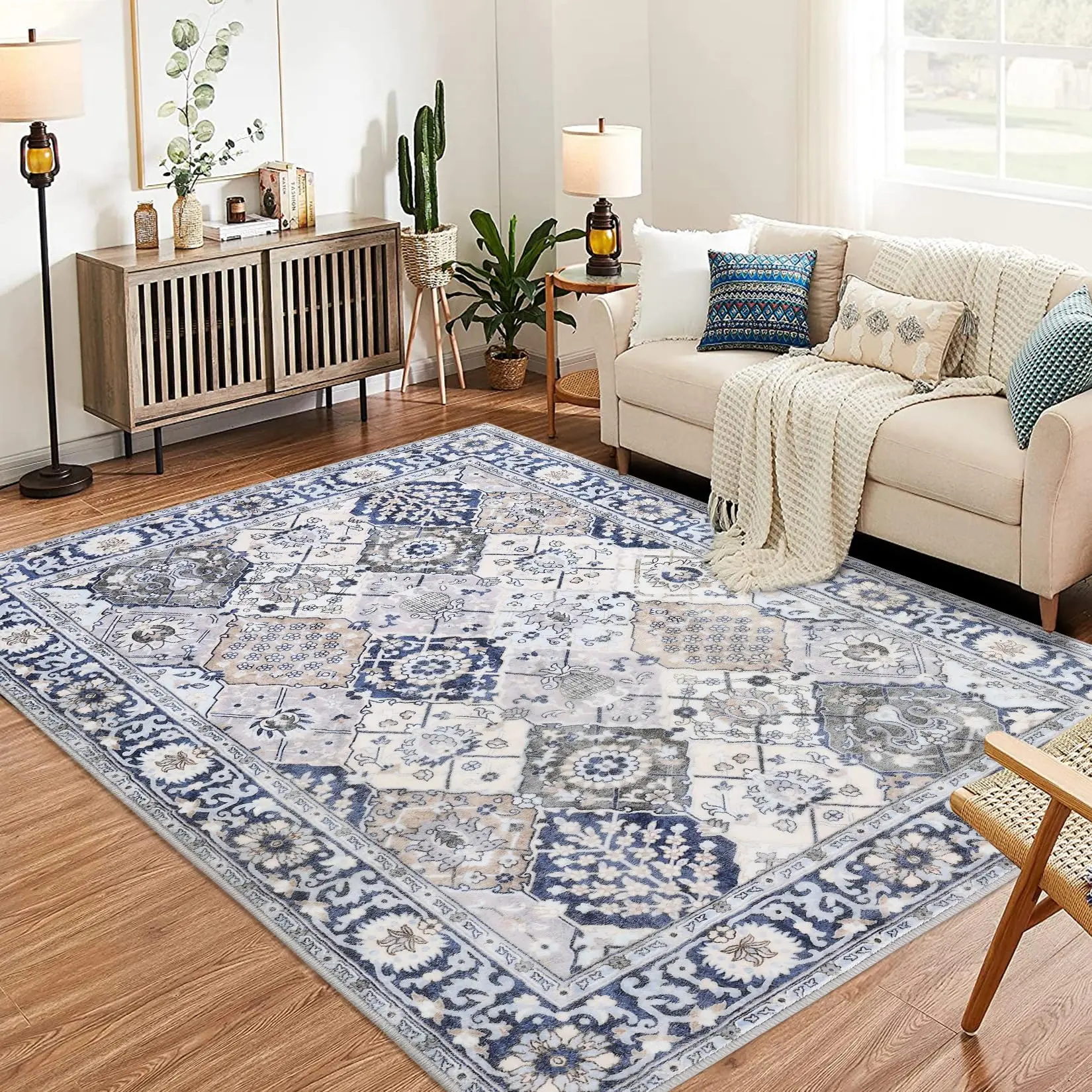 【GARVEE】Moroccan Trellis Rugs: Vintage Floral Print, Non-Slip, Washable Carpets for Entryway, Living Room, Kitchen, Bedroom, Laundry Room. Available Sizes: 2x3 to 9x12. Colors: Beige Blue, Grey Green, Grey Brown.