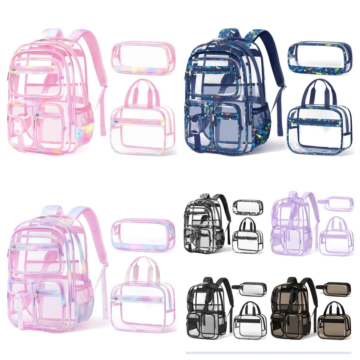 Fimibuke Clear Backpack with Lunch Box & Pencil Case - 3 PCS Heavy Duty Transparent PVC Schoolbag Large Waterproof Bookbag for Travel School Concert Stadium Events Backpacks