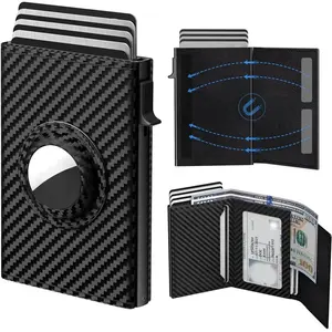 RFID Blocking Slim Wallet for Men Pop Up Card Holder with AirTag Slot Carbon Fiber Aluminum Metal Wallet Minimalist EDC Father Day Gift for Dad Husband Boyfriend Quick Access Daily Carry