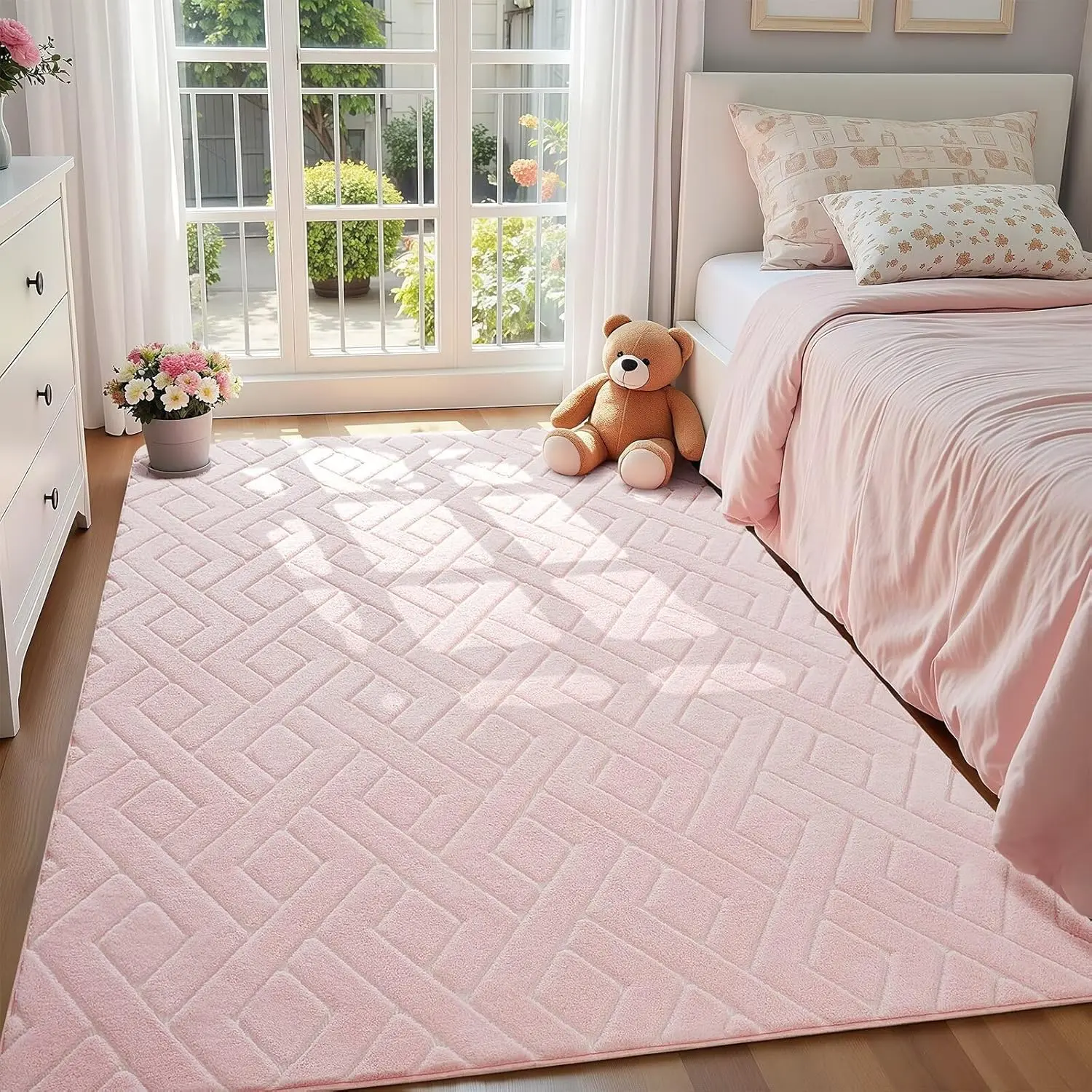 4x6 Ultra Soft Pink Modern Shaggy Rug - Machine Washable Boho Farmhouse Boho Home Decor Rug with Nonslip Backing for Girls Bedroom, Living Room, Machine Washable Rug