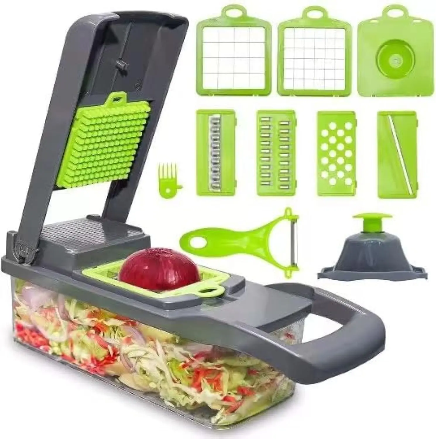 Grey 16-Piece Multi-Blade Fruit & Vegetable Chopper Set - Rust-Proof Kitchen Essential Cutter with 7 Diversified Blades, Container, Handheld Spiralizer, Mandoline for Salad, Carrot, Potato