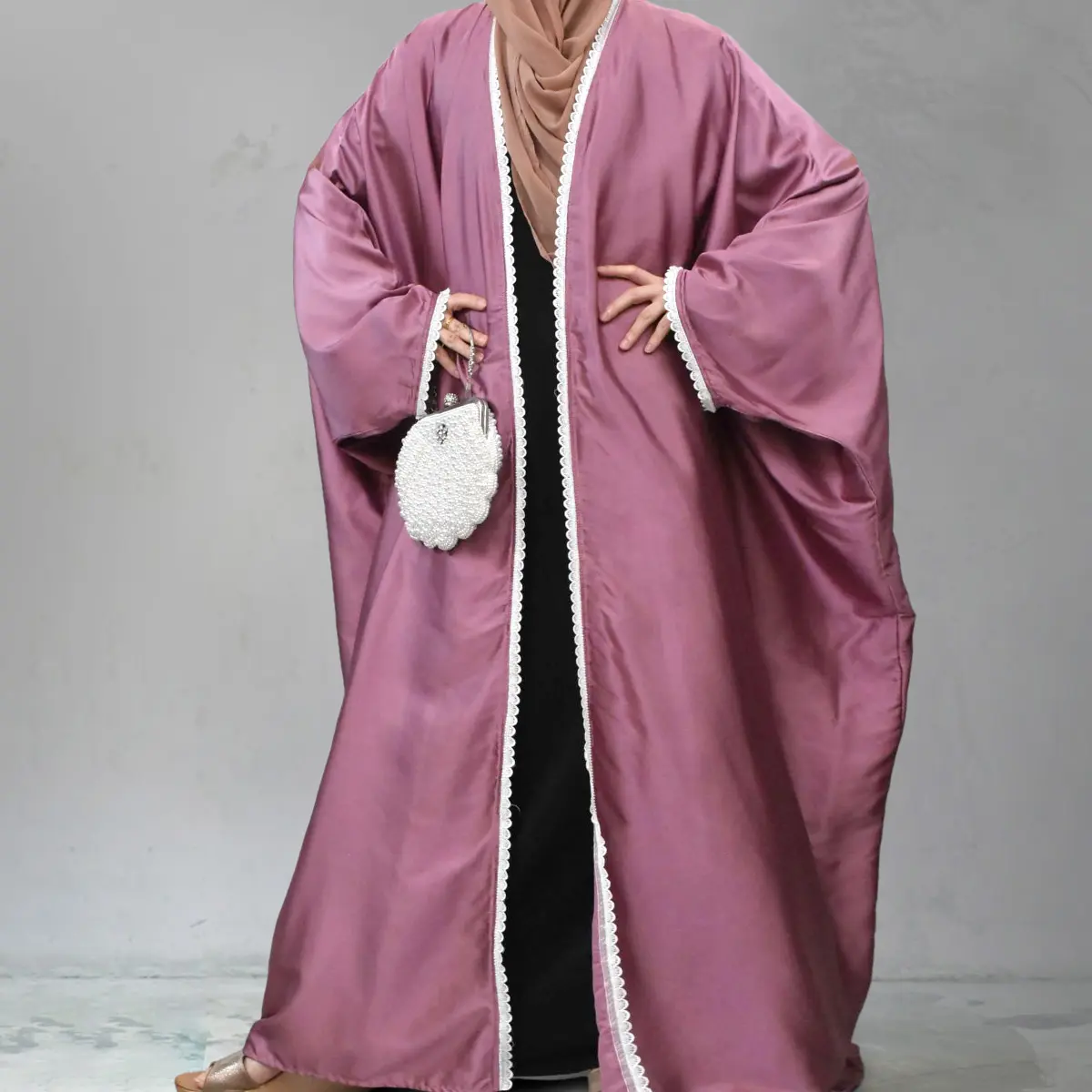 Shiny Satin Abaya for Women, Diamonds Embellished Batwing Sleeve Gown with Thick Fabric and Lace Border for Modest Wear, Stain