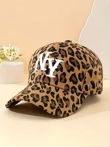 Unisex Leopard Print Baseball Cap with Letter Embroidery, Adjustable Sun Protection Hat, Casual Fitted Outdoor Travel Beach Vacation
