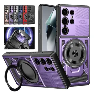 Case For Samsung S25 Ultra S24 S23 S22 Built-in 360 Degree Rotating Kickstand Magnetic Car Mount Ring Holder Heavy Duty Shockproof Drop Armor Carbon Fibre TPU+PC Military Protect Anti-Drop Phone Case Fine Camera hole Cover