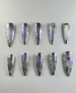 Iridescent Chrome Melt Press On Nails | Holographic Purple-White Base with Liquid Metal Drip Design | Futuristic Glow Nail Art Set