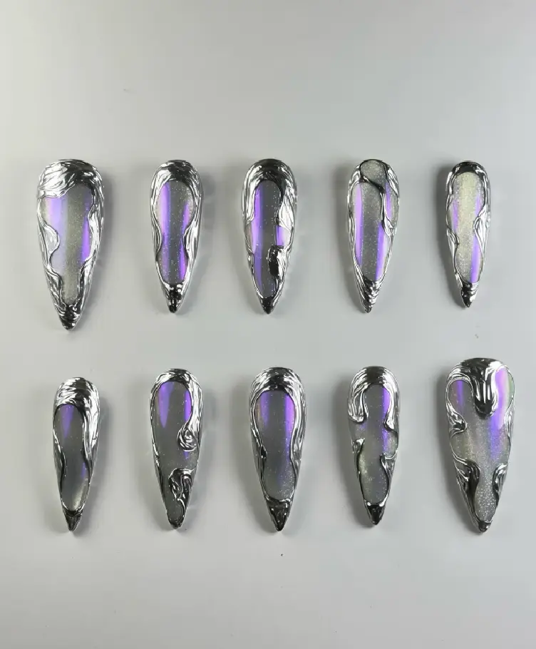 Iridescent Chrome Melt Press On Nails | Holographic Purple-White Base with Liquid Metal Drip Design | Futuristic Glow Nail Art Set