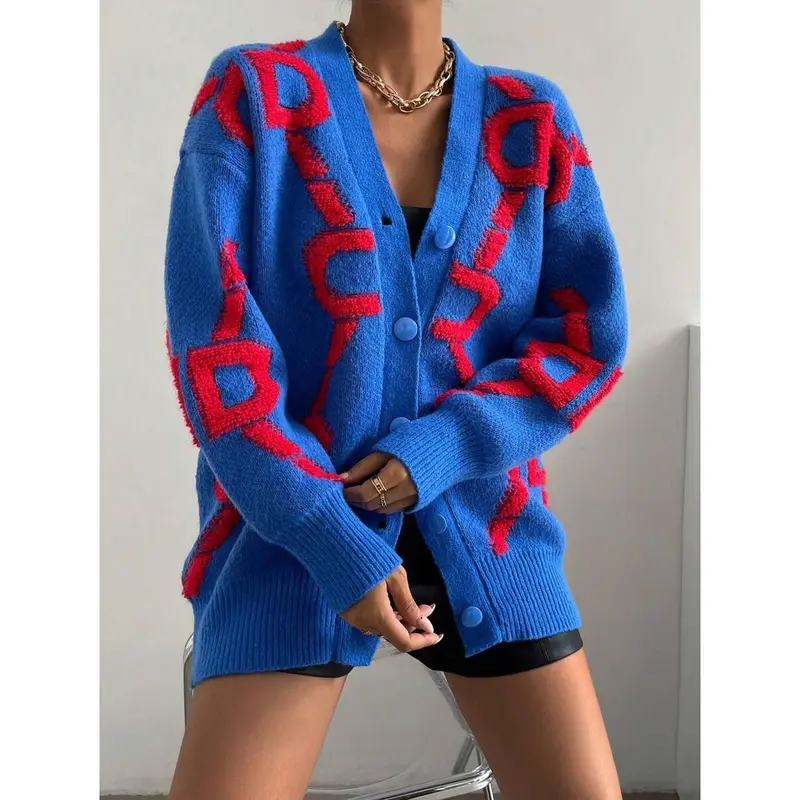 Letter Pattern Drop Shoulder Cardigan,Long Sleeve Tops Fall Winter Cloth For Women Fabric Fit