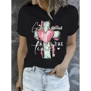 Women'S 100% Cotton Casual T-Shirt With "God Is Good All The Time" Print & Pink Heart Cross Design - Loose Fit Round Neck Short Sleeve Breathable Knit Top For Summer, Outdoor Camping, Holiday Gifts & All-Season Wear T-Shirt For Men And Women
