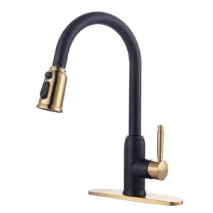 WOWOW 3-Function Single-Handle High Arc Kitchen Faucet with Pull-Down Pull-Out Sprayer Attachment, Aerator, Deckplate, Durable Steel Construction, Black and Gold Finish, Faucet Sprayer Attachment, High Arc Faucet