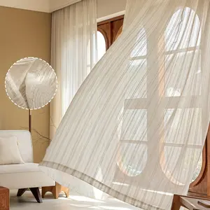 Japanese Simple Linen Striped Transparent Curtain, Living Room and Bedroom Half-Transparent Drapes, Vertical Stripe, Rod Pocket Design