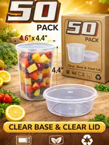 24oz Clear Plastic Deli Containers with Lids, 50 Pack Round Food Storage Cups for Soup, Salad, Meal Prep and Takeout, Leak Resistant Disposable Containers, 4.6 x 4.4 Inch