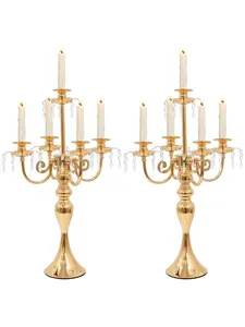 Pair of 20" High 5 Headed Crystal Pendant Shaped Candle Holders, Trendy Candlesticks, Home Decor Weddings Parties Elegant Dining Table Centerpiece