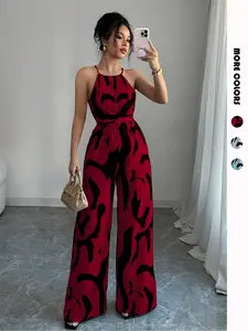 Women's All Over Print Belted Jumpsuit, Adjustable Waist Casual Fashion Overalls, Casual Sleeveless Jumpsuit for Holiday Vacation, Ladies Clothes for Summer, Womenswear