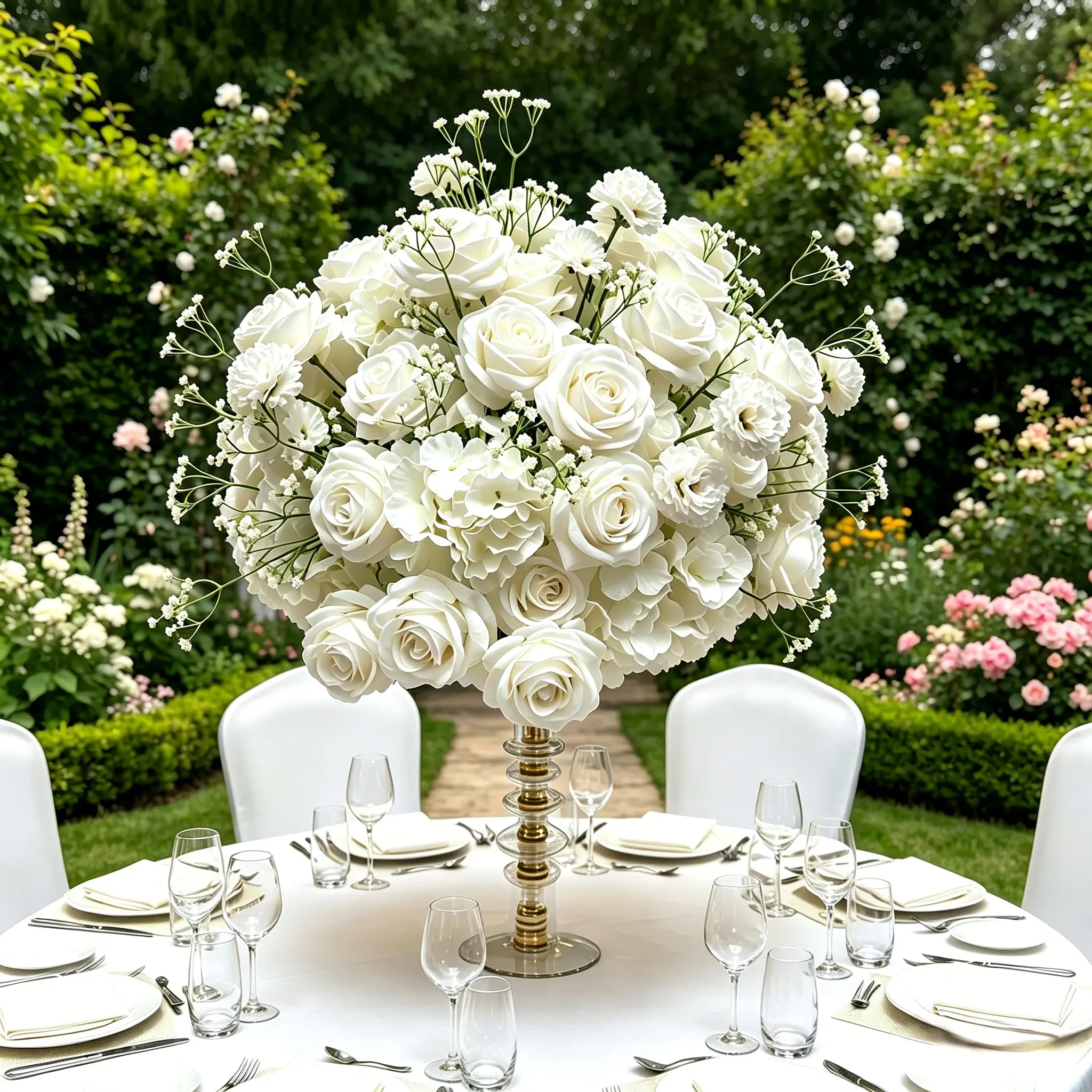 Handmade White Artificial Flower Ball Silk flower Hydrangea Baby Breath Floral Centerpiece For Wedding Banquet Dining Table Decor Bridal Shower Engagement Party Reception Event Arrangement Flower Decoration Elegant White Wedding Table Center Flower Ball
