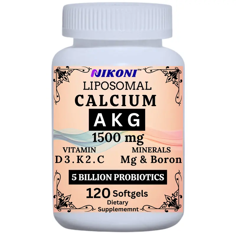Nikoni Liposomal Calcium AKG 1500mg Supplement with Vitamins, 120 Softgels