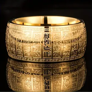 1 piece of new vintage Chinese ancient personalized titanium steel gold-plated Taoist golden light ring, seal script Taiyi golden light mantra ring, size: 7-13