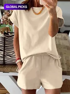 Women's Summer Short Sleeve Plain Fitted Set Outfit, Slim-Fit Natural Waist Design Shorts & Tops, Perfect for Casual Wear