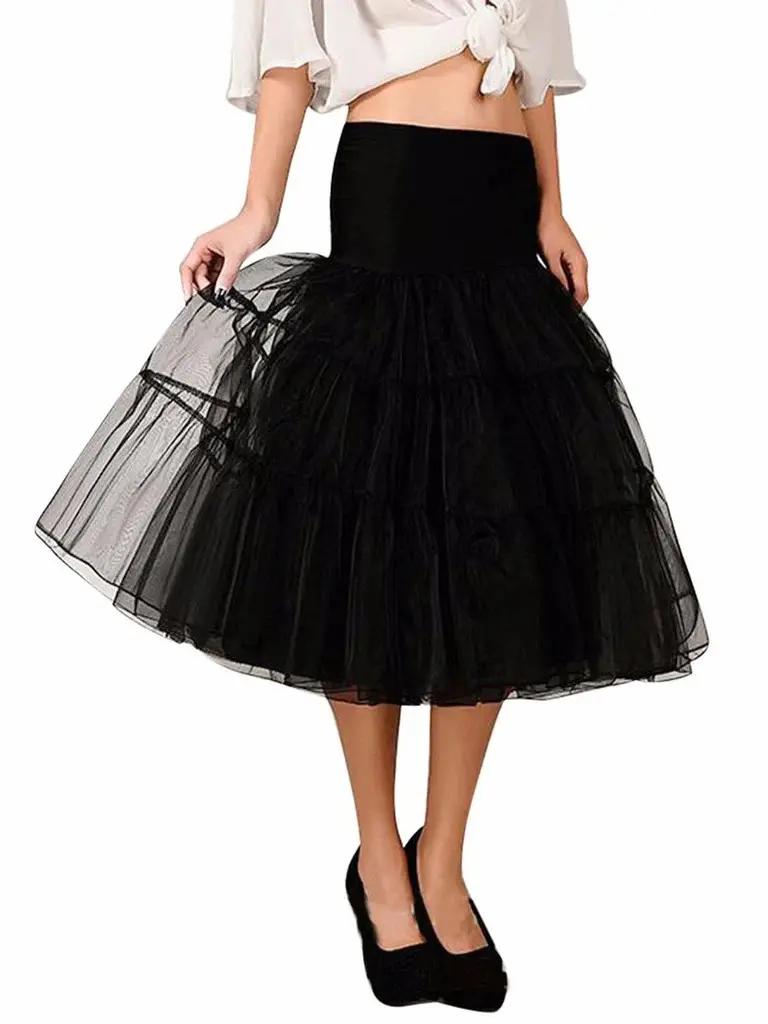 RETRO STAGE Women's 1950s Vintage Sweet Tutu Crinoline Petticoat Underskirt with Tutu Fabric, Knee-Length Minimalist Basic Bottom with Zipper, White/Black for Summer Outfits (Womenswear)