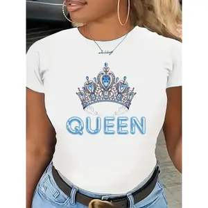 Women's Polyester Round Neck Queen Crown Graphic Print Short Sleeve T-Shirt - Casual Comfortable Fit Fashion Top for Spring, Summer (tshirt)