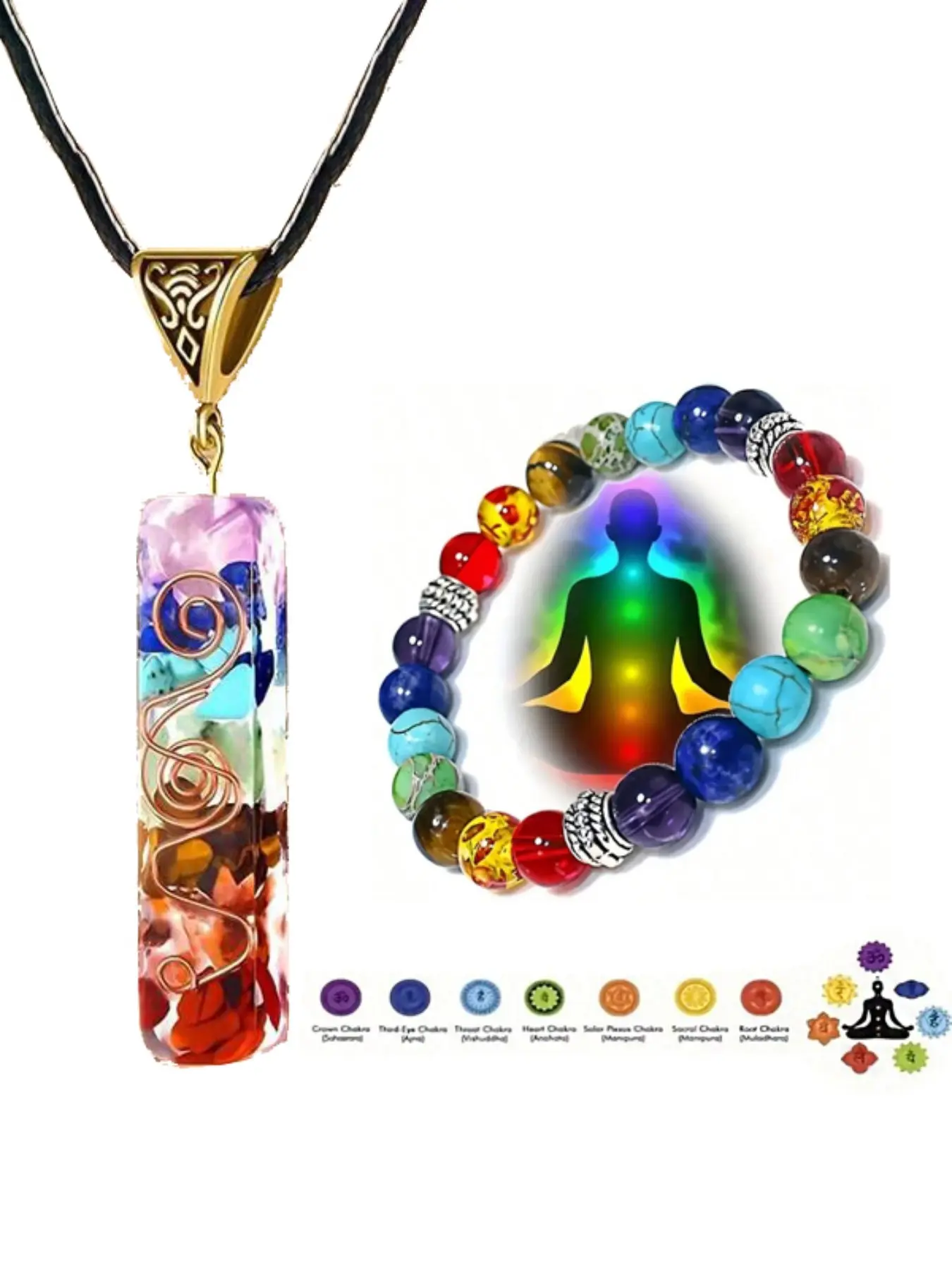 Seven-round energy crystal string bracelet and necklace set, multi-jewel pendant, rainbow crystal pendant, yoga meditation necklace, resin jewelry, spiritual gift, emotional gift, suitable for both men and women, birthday gift