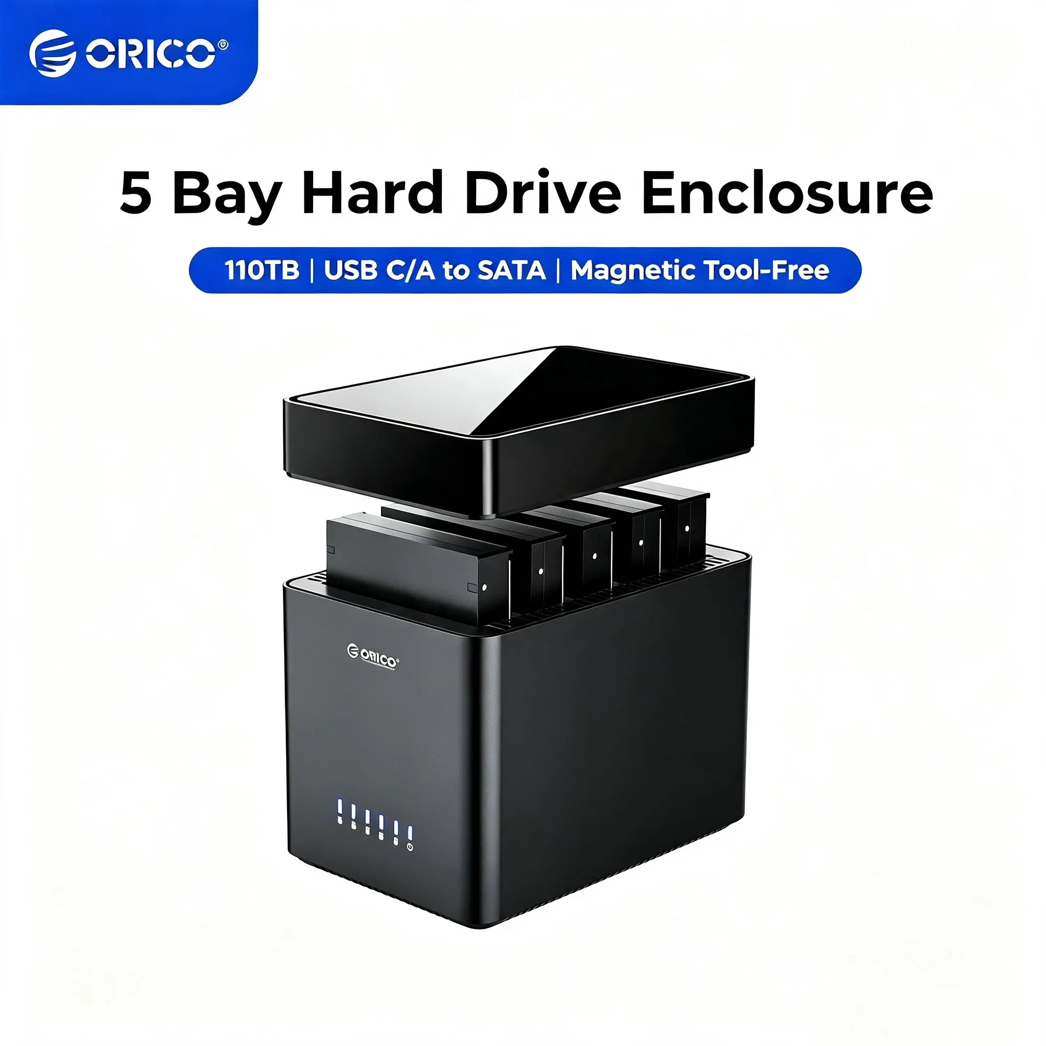 ORICO 5 Bay Hard Drive Enclosure USB C/A to SATA Magnetic Tool-Free External HDD Docking Station Case with 12V/6.5A Power Adapter for Family Storage Supports 2.5/3.5 inch Drives Max 110TB (5x22TB) - DS500