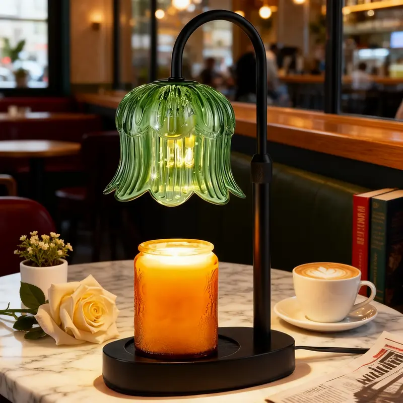 Green Floral Glass Candle Warmer Lamp with Auto Timer, Wax Melter, Adjustable Height, 4-Level Brightness, 8-Hour Sleep Timer, Daily Home Decor Flower Fragrance Jar Holder