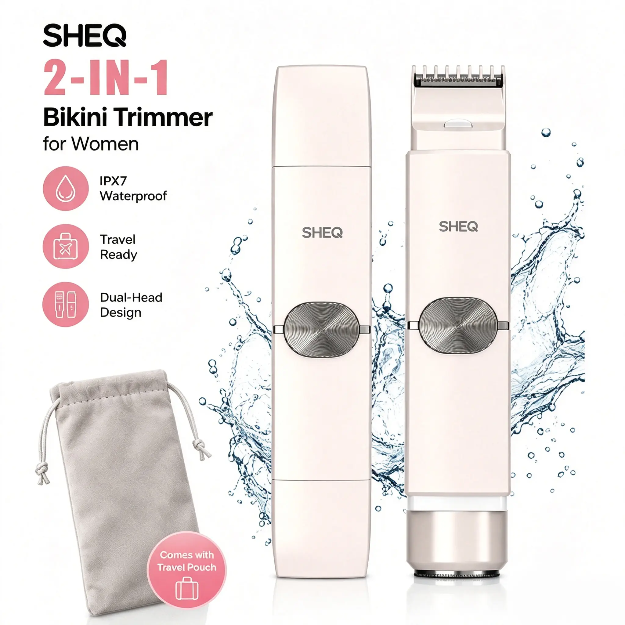 Portable Electric Bikini Trimmer for Women, Rechargeable Electric Shaver 2-in-1 Waterproof Body Grooming Tool with Dual Heads & Travel Pouch