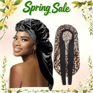 Bonnets for Black Women Braid Bonnet Large Long Satin Silk Bonnet with Stretchy Tie Band Sleep  Shower Cap Hair 2 Count Black&Leopard Cover,valentine's day gifts for her/him