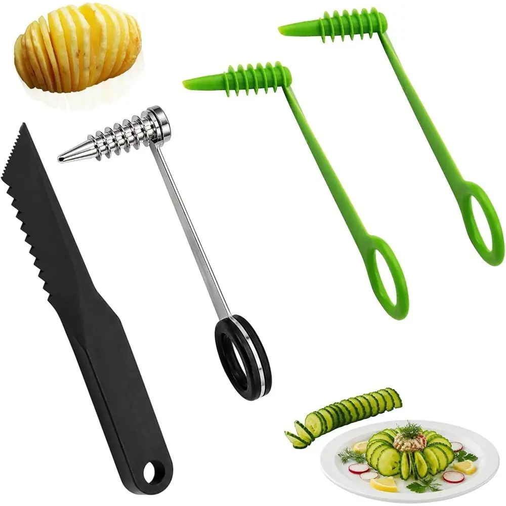 Sturdy 4-Piece Potato Spiral Cutter Utensil Set, Kitchen Tool with Stainless Steel Blades, Plastic Handles, Efficient Vegetable Spiralizer for Home Cooking
