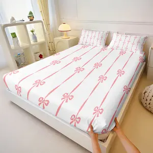 3 Pcs Red Bowknot Print Fitted Sheet Set,Includes 1 Fitted Sheet & 2 Pillowcases without Filler,Available in various styles, charming and adorable, soft and comfortable,This makes a great bedding gift,Multiple styles available.